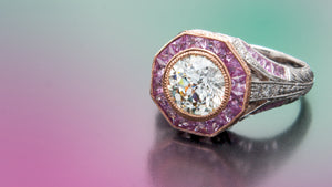 Sirrius Star diamond surrounded by pink sapphires with rose gold, platinum and hand-engraved details by Beverly K